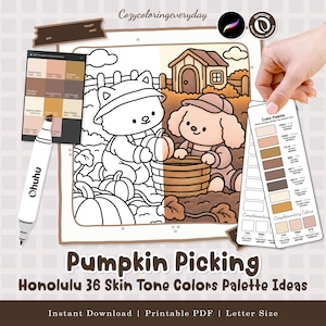 May include: A digital colouring page titled Pumpkin Picking featuring a cat and dog in a garden with pumpkins, a house, and a basket. Includes an Ohuhu marker, a colour palette swatch card with skin tone shades, and text labels for colour codes.