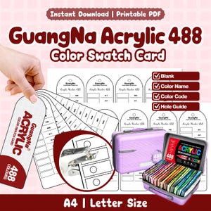 May include: A printable GuangNa Acrylic 488 color swatch card set in A4 and letter sizes. The design includes blank spaces for color names, codes, and hole guides. A purple carrying case filled with 488 acrylic brush markers is also shown.