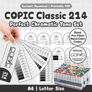 May include: A printable PDF set for Copic Classic 214 markers, featuring a colour swatch chart with 214 colour codes, a blank pre-filled name colour code sheet, and an official Copic catalogue reference, all formatted for A4 and Letter size paper.