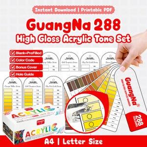 May include: A GuangNa 288 High Gloss Acrylic Tone Set printable PDF featuring color swatch cards, a hole guide, and a box. The set includes various color series like Orange Yellow, Gold Tangerine, Clay Out Earth, and Brown, with A4 and Letter size options.