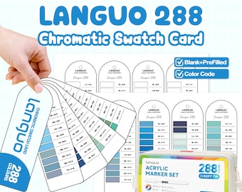 Karta próbek kolorów Languo 288 | Do druku w formacie PDF | Pusty + wstępnie wypełniony | Kod kolorów | Segregator ringowy | Format A4 + Letter | Marker akrylowy