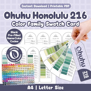 Ohuhu Honolulu 216 Color Family Swatch Card | Blank + Pre-Filled | Color Name + Code | Color Family Sorted | A4 Letter PDF