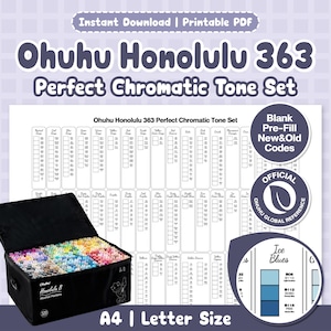 Pode incluir: Uma maleta preta cheia de marcadores de álcool Ohuhu Honolulu 363, ao lado de uma tabela de cores PDF imprimível. A tabela está rotulada como "Ohuhu Honolulu 363 Perfect Chromatic Tone Set" e inclui amostras de cores. O texto "A4 | Letter Size" está na parte inferior.