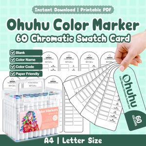 May include: A printable PDF Ohuhu Color Marker 60 Chromatic Swatch Card set featuring blank templates for colour names and codes. The set includes a clear plastic carrying case filled with 60 markers and a label showing an illustration of a person.