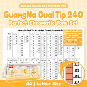 May include: A printable PDF color chart for GuangNa Dual Tip 240 markers, featuring columns for neutral greys, reds, pinks, oranges, and skin tones. The chart includes color names, codes, and chromatic swatches, with a marker case shown below.
