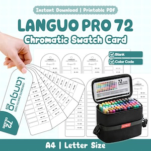 Pode incluir: Um conjunto de cartões de amostra cromática Languo Pro 72 imprimíveis com modelos em branco e códigos de cor. O conjunto inclui um cartão em leque e um estojo preto cheio com 72 marcadores coloridos, exibidos numa folha A4 ou carta.