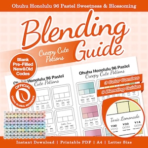 Puede incluir: Una guía de mezcla imprimible Ohuhu Honolulu 96 Pastel Sweetness & Blossoming para Creepy Cute Potions. El documento presenta casillas de códigos de color prellenadas, 3 combinaciones de colores, 9 guías de mezcla y un sello oficial Ohuhu.