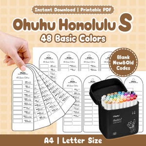 May include: An image of Ohuhu Honolulu S alcohol markers, featuring 48 basic colours, alongside colour swatch cards and a black carrying case. The text reads "Instant Download | Printable PDF" and "A4 | Letter Size".