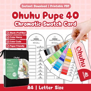 May include: Ohuhu Pupe 40 Chromatic Swatch Card printable PDF featuring a black carrying case with a bird illustration and a fan of colour swatches. The document includes blank fields for colour names and codes, designed for 40 colours on A4 or Letter size.