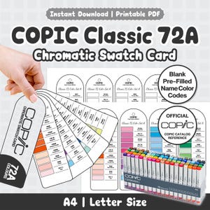 May include: A printable COPIC Classic 72A Chromatic Swatch Card featuring a fan of colour-coded tags with labels like R37, YR09, and B14. The design includes text reading Instant Download, Printable PDF, and Official COPIC Catalog Reference.