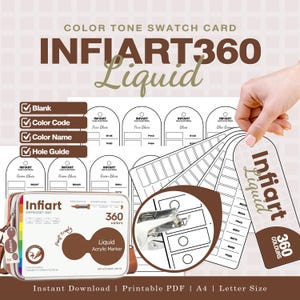 Pode incluir: Um cartão de amostras de tons de cor imprimível para marcadores acrílicos líquidos Infiart 360. O conjunto inclui modelos em branco com espaços para códigos e nomes de cores, além de um guia para furos. Inclui um estojo de metal.