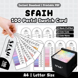 SFAIH 100 pastelkleurstaalkaart | Blanco, voorgevuld, kleurcode, kleurnaam | Afdrukbare pdf, A4- en Letter-formaat