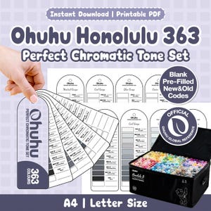 Op de afbeelding: Een promotieafbeelding voor Ohuhu Honolulu 363 markers. De afbeelding toont kleurstalen, een draagtas vol markers en de tekst "Perfect Chromatic Tone Set". De afbeelding bevat ook de tekst "Instant Download | Printable PDF".