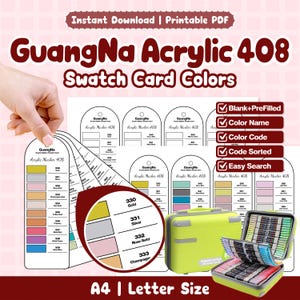 May include: Printable PDF of GuangNa Acrylic 408 swatch card colours. The image shows a hand holding a fan of colour swatches, a magnifying glass showing colour names, and a lime green carrying case with markers. The text includes "Instant Download" and "A4 | Letter Size."