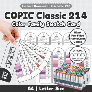 Op de afbeelding: Een printbare PDF-set met Copic Classic 214 kleurstaalkaarten, voorzien van lege, vooraf ingevulde kleurcodes en officiële Copic-catalogusreferenties. Het document bevat A4- en letterformaten voor het organiseren van 214 verschillende marker-kleuren.