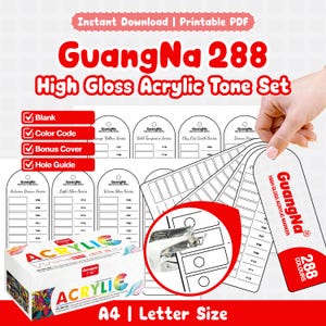Puede incluir: Un conjunto de tonos acrílicos de alto brillo GuangNa 288 en PDF imprimible que incluye una tabla de muestras con espacios en blanco, códigos de color y guías de perforación. Incluye una caja con la etiqueta Acrylic y una carta de colores.