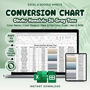 May include: A digital conversion chart for Ohuhu Honolulu 36 Gray Tone markers, displayed on a laptop and tablet. The chart includes color names, swatches, new and old color codes, and hex and RGB values. The image also shows Excel and Google Sheets icons.