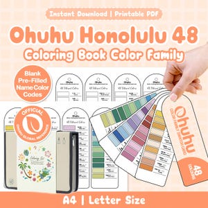 Ohuhu Honolulu 48 Libro para colorear Tarjeta de muestras de colores / En blanco + Prellenado / Nombre y códigos
