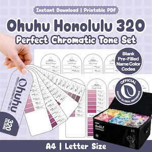May include: A printable PDF set for Ohuhu Honolulu 320 markers, featuring colour swatch cards with pre-filled name and colour codes. The set includes a black carrying case filled with markers and multiple arched cards displaying colour samples.