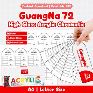May include: A printable PDF set for GuangNa 72 High Gloss Acrylic Chromatic markers, featuring blank color code charts and a bonus cover. The sheets include labels with the GuangNa logo and space for color codes, designed for A4 and Letter size paper.
