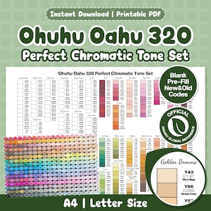 Ohuhu Oahu 320 Set di campioni di tonalità cromatiche perfette / PDF stampabile / Vuoto + Precompilato / Codici nuovi + vecchi / Pennarello a base alcolica / Formato A4