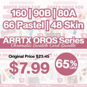 Op de afbeelding: Een digitaal pakket met Arrtx Oros-serie chromatische kleurkaarten, inclusief 160, 90B, 80A, 66 pastel- en 48 huidskleurvariaties. De afbeelding toont de tekst Arrtx Oros Series Chromatic Swatch Card Bundle met printbare PDF-opties.