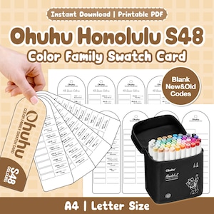 May include: A printable Ohuhu Honolulu S48 color family swatch card set for alcohol markers. The document features blank templates with arched tops, organized grids for color codes, and a black carrying case filled with forty-eight markers.