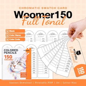 Puede incluir: Un conjunto de tarjetas de muestra cromáticas Woomer 150 Full Tonal con plantillas PDF imprimibles para lápices de colores. El diseño incluye etiquetas arqueadas en blanco con espacios para nombres y códigos de color.