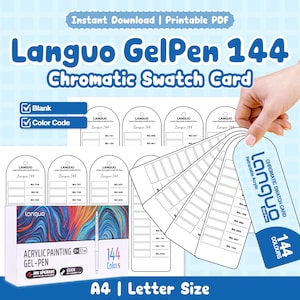 Op de afbeelding: Een printbare PDF chromatische kleurstaalkaartset voor Languo GelPen 144 acryl pennen. De set bevat blanco en kleurgecodeerde sjablonen met labels zoals BG-181 en BG-907, plus een productdoos met een kleurrijk gemarmerd ontwerp en 144 kleuren.
