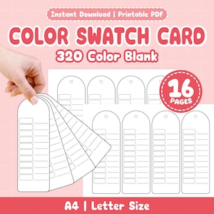 Peut inclure: Un ensemble de cartes d'échantillons de couleurs vierges, tenues par une main. Les cartes sont blanches avec des cases rectangulaires pour les échantillons de couleurs. Le texte sur l'image indique "COLOR SWATCH CARD", "320 Color Blank", et "16 PAGES".