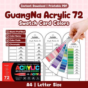 May include: A printable PDF showing GuangNa Acrylic 72 swatch card colours. The image displays colour swatches, a box of markers, and the text "ACRYLIC BRUSH MARKER". The colour palette includes shades of pink, purple, blue, and green. The text "A4 | Letter Size" is also visible.