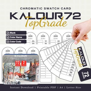 Könnte beinhalten: Eine druckbare chromatische Farbmusterkarte für Kalour 72 Top Grade Buntstifte. Das Dokument enthält leere Vorlagen mit Feldern für Farbnamen und Farbcodes sowie eine Produktbox-Illustration, die eine Straßenszene und den Text Kalour 72 zeigt.