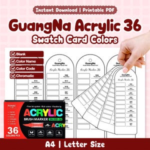 Puede incluir: Un PDF imprimible con los colores de la tarjeta de muestras GuangNa Acrylic 36. La imagen muestra una caja de rotuladores acrílicos y tarjetas de muestras de color. Las tarjetas están sujetas por una mano. El texto de la caja dice "ACRYLIC BRUSH MARKER".