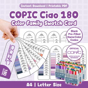 May include: A printable Copic Ciao 180 colour family swatch card set featuring blank pre-filled name colour codes. The digital document includes an official Copic catalogue reference, A4 and letter size options, and a fan-style swatch display.