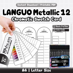 Op de afbeelding: Een printbare LANGUO Metallic 12 chromatische stalenkaartset in A4- en letterformaat met lege en vooraf ingevulde sjablonen inclusief kleurcodes. Bevat een waaier-stalenkaart en een doos met 12 metallic acrylmarkers met dubbele punten.