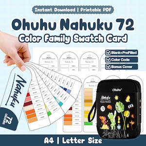 May include: A printable Ohuhu Nahuku 72 color family swatch card set featuring blank and pre-filled templates, color codes, and a bonus cover. The set includes a black carrying case with a frog graphic and the text Ohuhu Nahuku Acrylic Markers.