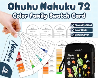 Ohuhu Nahuku 72 Farbfamilie Swatch Card Acrylic Marker | Blank, Vorausgefüllt, Farbcode, Bonus Cover | PDF-Datei