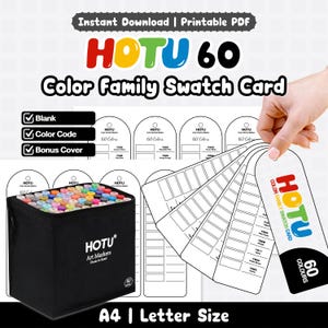 Puede incluir: Un conjunto de tarjetas de muestra de color en PDF imprimible para 60 marcadores, que incluye un estuche de almacenamiento negro con el texto HOTU Art Markers y etiquetas de papel blanco con cuadrículas en blanco para codificación.
