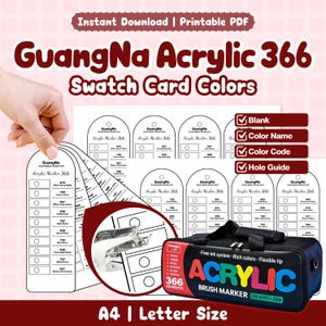 May include: A printable PDF swatch card set for GuangNa Acrylic 366 markers, featuring multiple arched tags with circular holes, colour names, and codes. Includes a black carrying case with the text Acrylic Brush Marker GN.8101-366.
