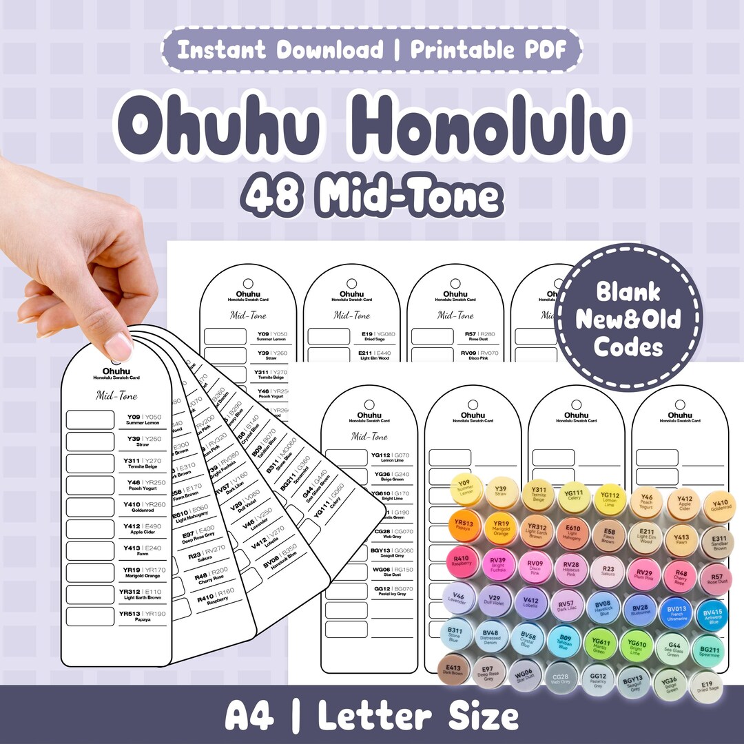 Ohuhu Honolulu 48 Mid Tone Swatch Chart | Printable Marker Color ...