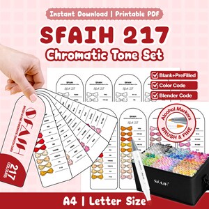 Puede incluir: Una descarga digital del set de tonos cromáticos SFAIH 217, con tarjetas de muestra imprimibles en tamaño A4 y carta para marcadores de alcohol. El set incluye plantillas en blanco y prellenadas, códigos de color y códigos de mezcla.