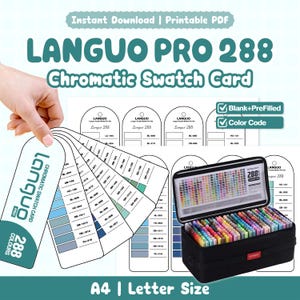 Kleurenkaart met kleurcodes voor de Languo Pro 288 acrylmarker | Afdrukbare PDF | Blanco + Voorgevuld | Kleurcode | A4-formaat (letterformaat) Downloaden