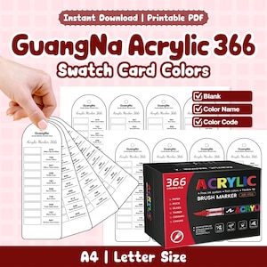 Può includere: Un set di schede campione di pennarelli acrilici e una scatola di 366 pennarelli a pennello acrilici. Le schede mostrano nomi e codici colore. La scatola è nera con la scritta "ACRYLIC" e elenca i materiali su cui possono essere usati.