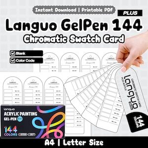 May include: A printable PDF chromatic swatch card for Languo GelPen 144, featuring blank and color-coded templates. The set includes a black box with colorful graphic lines and a fan-style swatch card display, all formatted for A4 and Letter size paper.