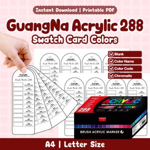 May include: A collection of GuangNa Acrylic 288 swatch card colours, alongside a box of brush acrylic markers. The cards are white with colour names and codes. The box is black with colourful markers and the text "Acrylic Brush Marker".
