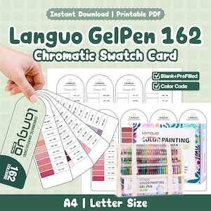 Op de afbeelding: Een printbare Languo GelPen 162 chromatische kleurstaalkaartset met lege en vooraf ingevulde sjablonen inclusief kleurcodes. Het digitale bestand bevat A4- en letterformaat opties voor het organiseren van gelpenkleuren met labels en vakjes.
