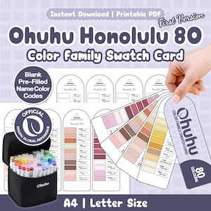 May include: A printable Ohuhu Honolulu 80 color family swatch card set in A4 and letter size. The document features blank pre-filled name color codes, an official Ohuhu global reference logo, and a fan-style swatch display of various color shades.