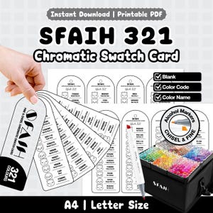 May include: A printable SFAIH 321 chromatic swatch card set for alcohol markers, featuring blank templates with color codes and names. The design includes arched cards, a marker, and a storage case, available in A4 and Letter size for organization.