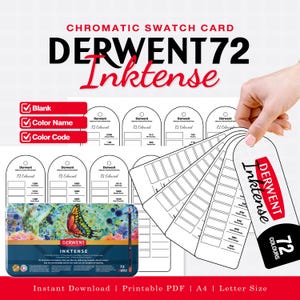 May include: A printable chromatic swatch card set for Derwent 72 Inktense pencils, featuring a metal tin with a butterfly illustration, multiple arched tag templates with blank boxes for color names and codes, and text labels for instant download.