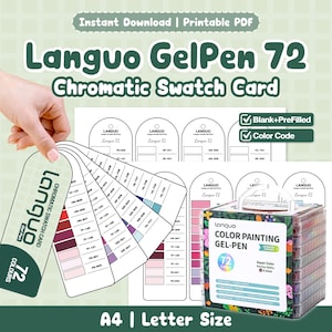 Op de afbeelding: Een printbare Languo GelPen 72 chromatische stalenkaartset in A4 en letterformaat. De set bevat lege en vooraf ingevulde sjablonen met kleurcodes, een waaier-stalenkaart en een doos met het label Color Painting Gel-Pen 72 Colors.